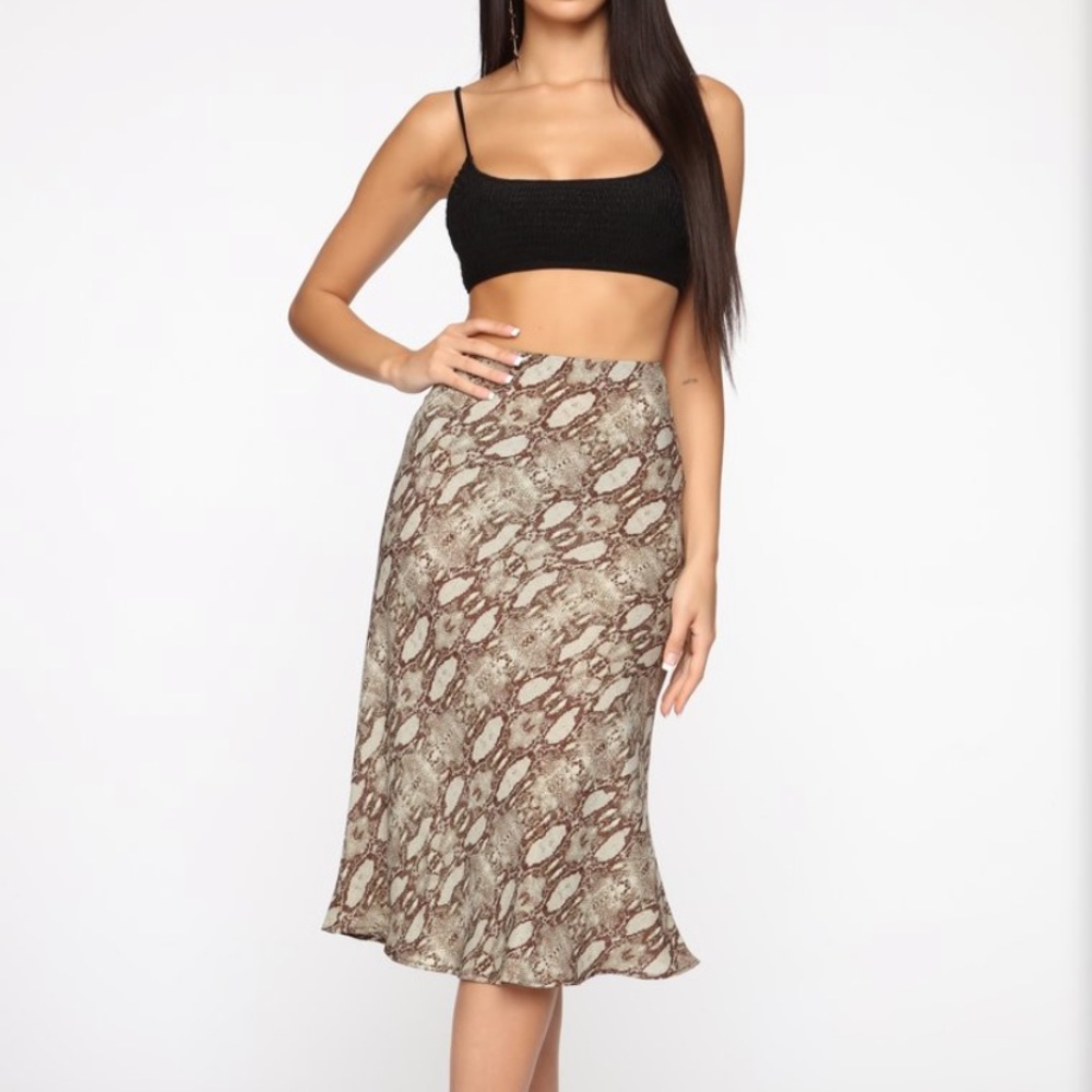 snakeprint satin midi skirt